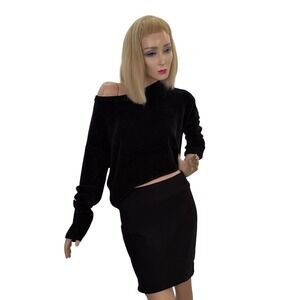 U2B Black Chenille Velour Crop Sweater Minimalist Cozy Knit Winter Chic M